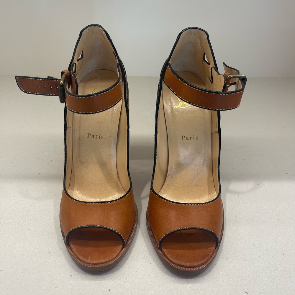 Christian Louboutin tan Mary Jane peep toe heel